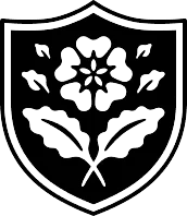 Heraldic shield with white Tudor rose emblem on black background, medieval coat of arms design