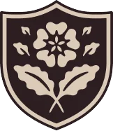 Tudor rose emblem on shield-shaped badge with dark brown and cream colors