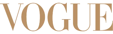 Vogue magazine logo in gold serif typography on white background